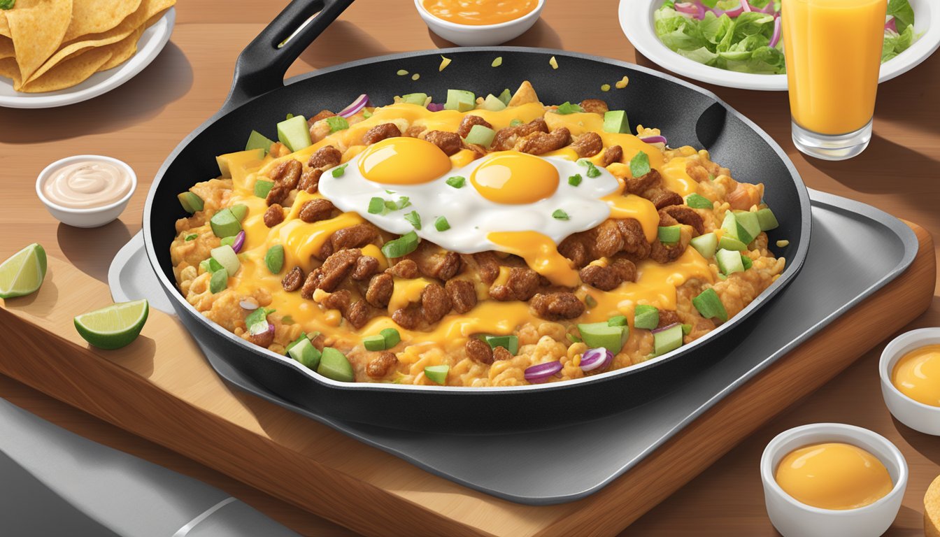 A sizzling skillet of breakfast tacos with Taco Cabana's signature breakfast sauce being drizzled over the top, creating a mouthwatering and flavorful experience for the customer