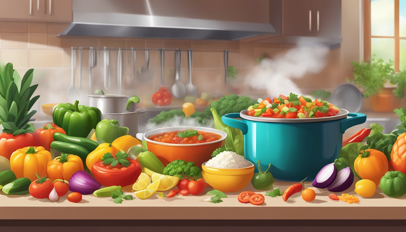 A colorful array of fresh ingredients being chopped and mixed together in a vibrant kitchen, with the steam rising from a pot of simmering salsa