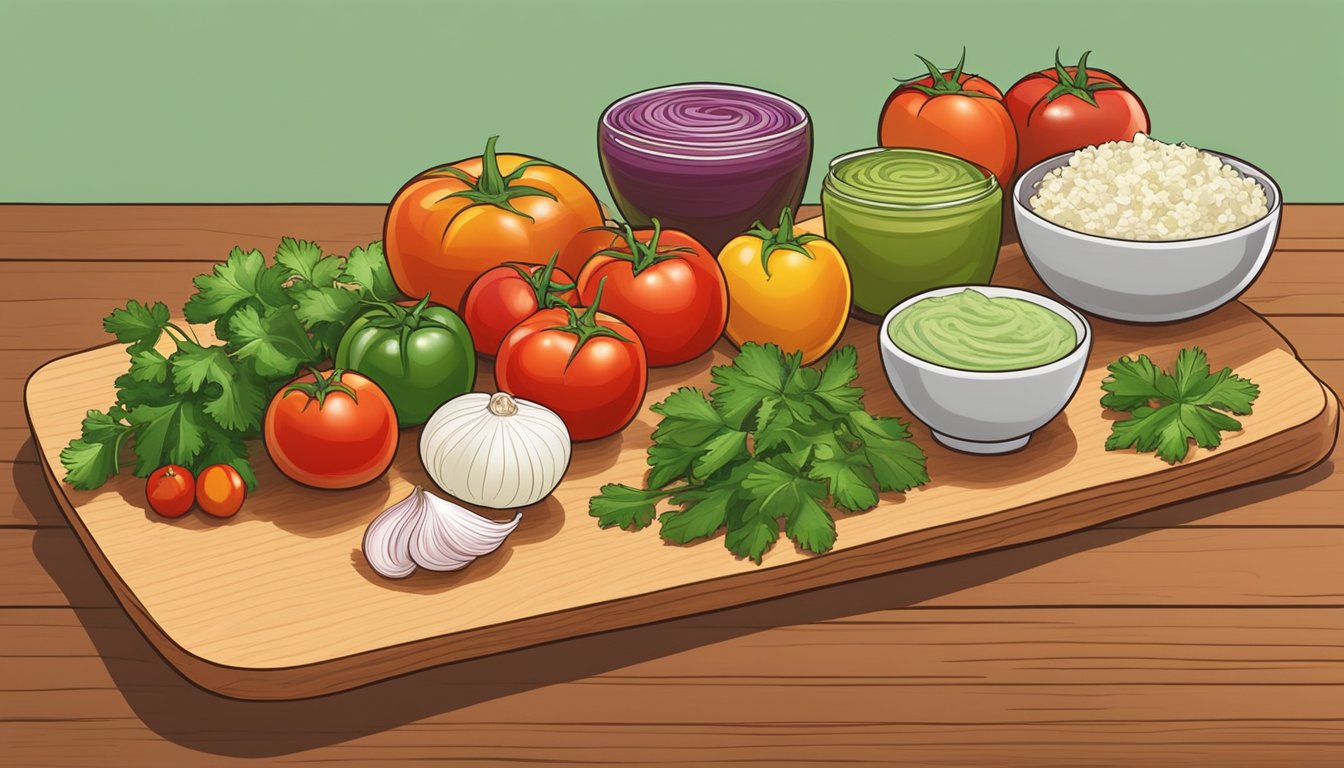 A colorful array of fresh tomatoes, onions, peppers, and cilantro spread out on a wooden cutting board, ready to be chopped and mixed into vibrant breakfast salsas