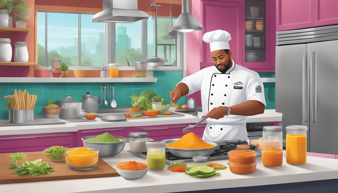 A chef carefully selects and blends fresh, vibrant ingredients in a colorful kitchen, creating the secret recipe for Taco Cabana's signature breakfast sauce