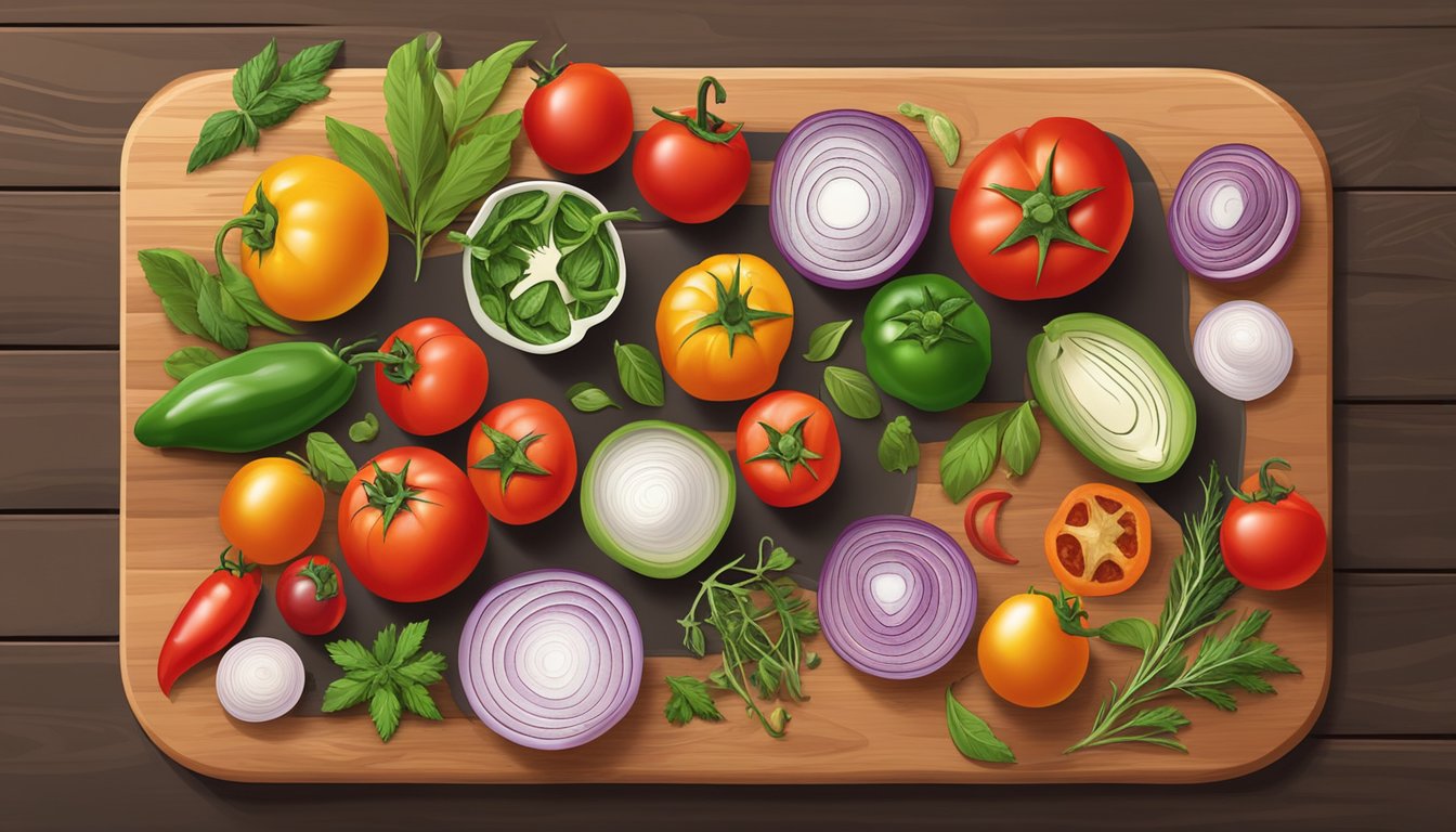 A colorful array of freshly chopped tomatoes, onions, and peppers, along with various herbs and spices, arranged on a wooden cutting board