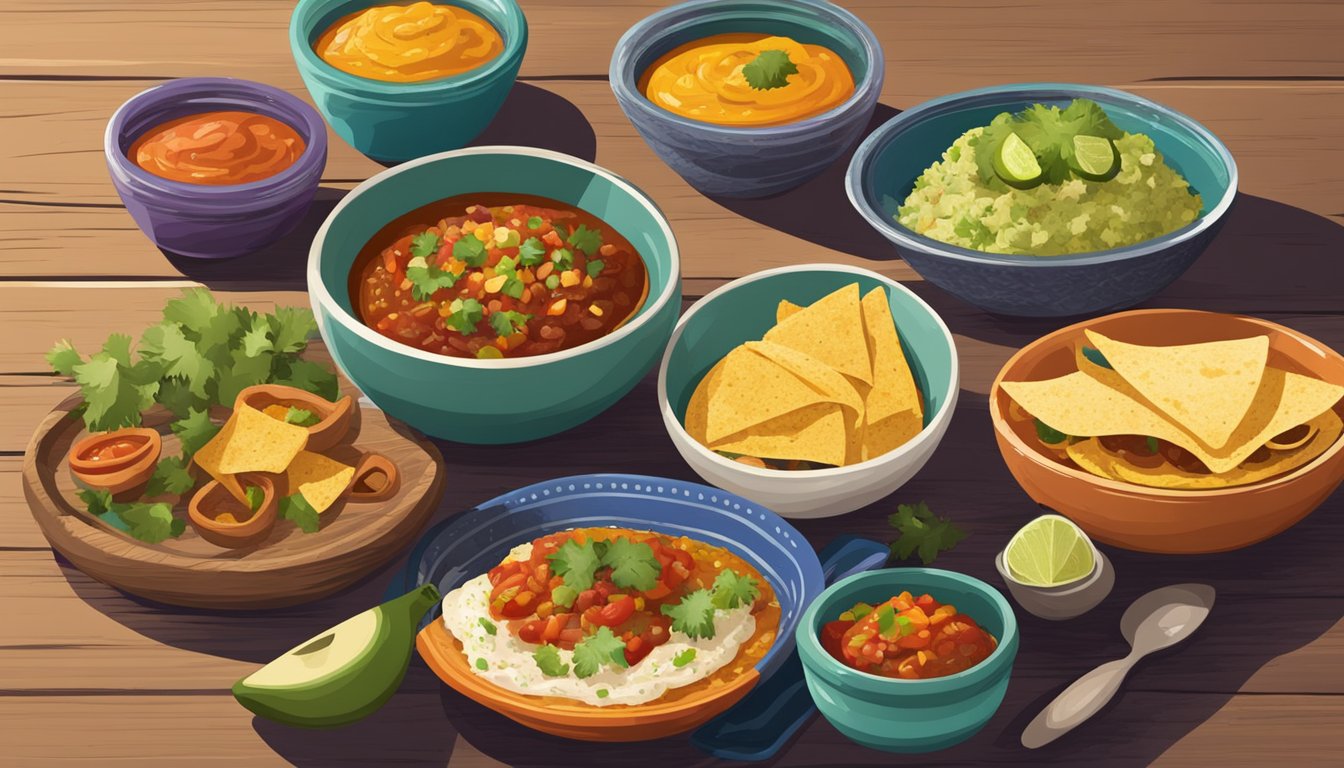 A spread of Tex-Mex dishes with various breakfast salsas in colorful bowls on a rustic table