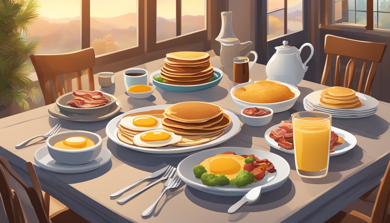 A cozy dining table with a spread of breakfast items like eggs, bacon, and pancakes alongside dinnerware and a warm, inviting ambiance