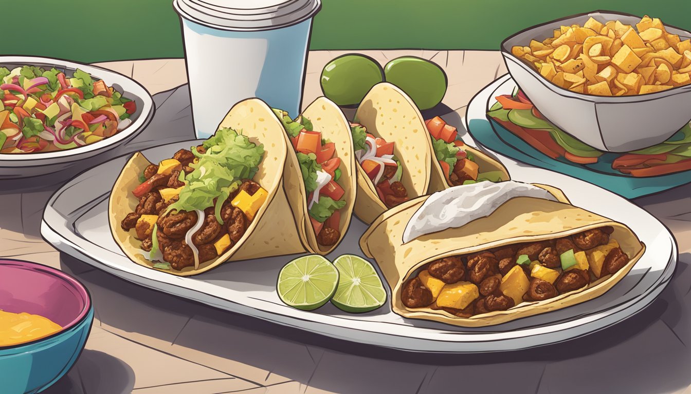 A colorful spread of breakfast tacos, burritos, and coffee on a table, with the Taco Cabana logo in the background