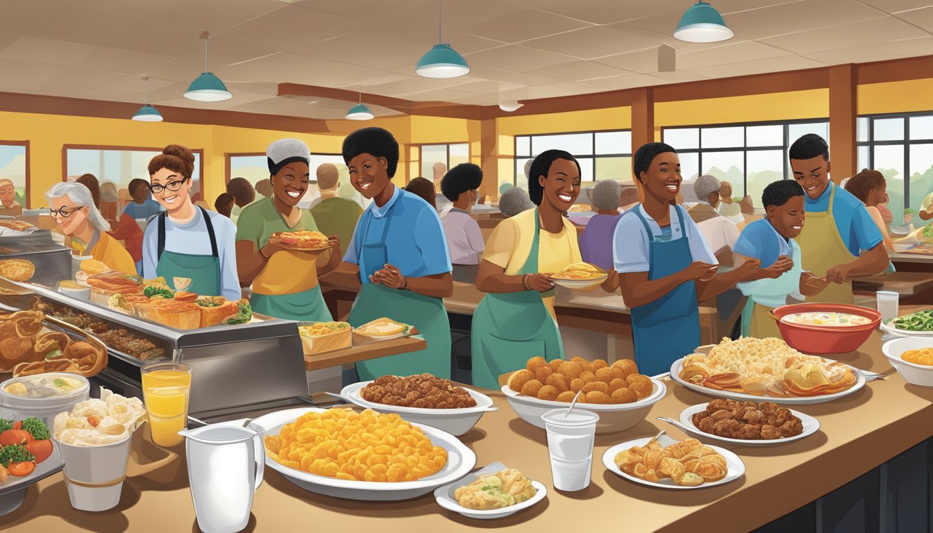 A diverse group of customers enjoy a buffet of breakfast foods at Golden Corral, featuring a mix of American and international dishes