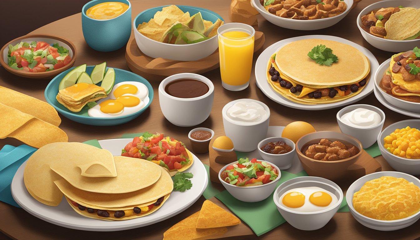 A table set with a variety of breakfast items, including tacos, eggs, and pancakes, arranged in a visually appealing manner to showcase Taco Cabana's unique breakfast for dinner concept