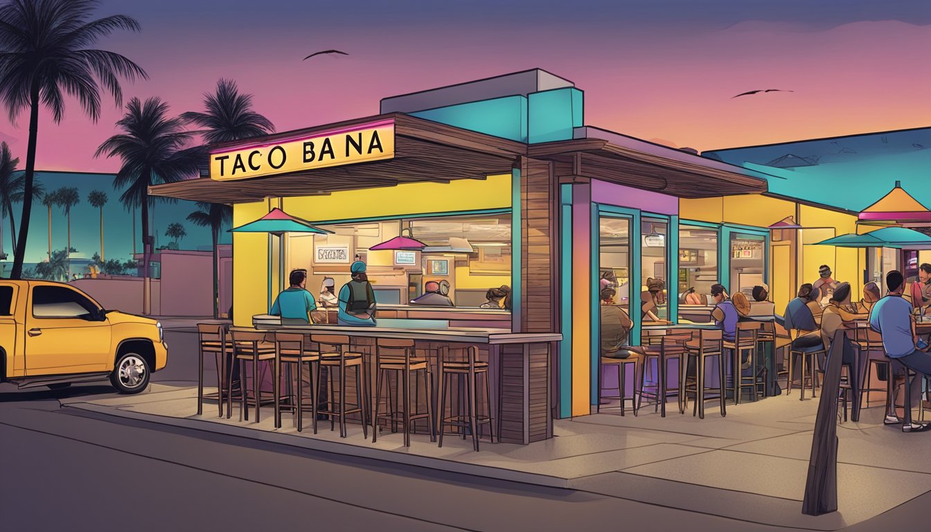 A Taco Cabana restaurant at night, with a breakfast menu displayed prominently and a line of customers waiting to order