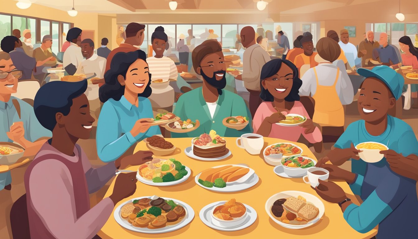 A diverse group of people enjoying a breakfast buffet at Golden Corral, with various cultural elements such as international cuisine and traditional breakfast foods