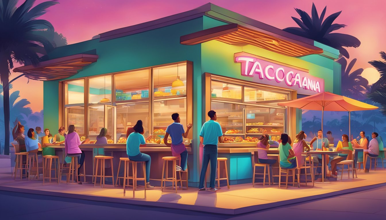 A colorful outdoor scene with a Taco Cabana storefront at night, featuring a lively crowd enjoying breakfast items for dinner