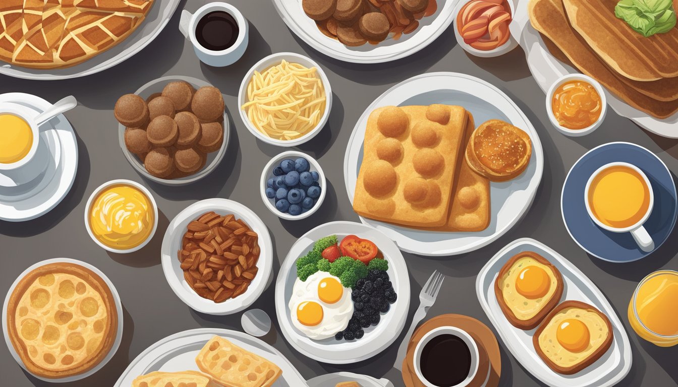 A diverse array of breakfast foods from around the world spread out on a table at Golden Corral, showcasing the influence of different writers on breakfast choices