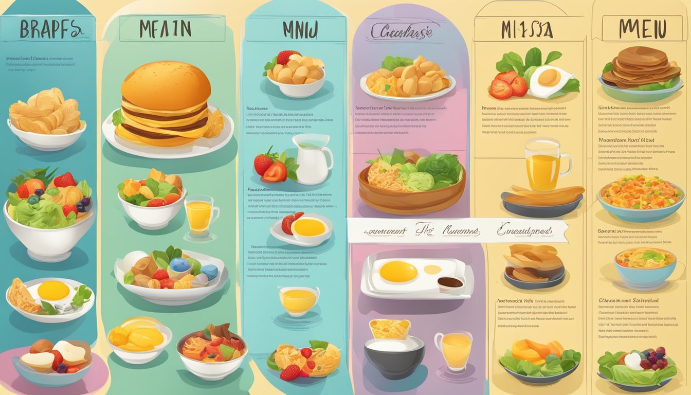 A colorful breakfast menu with various food items and nutritional information displayed