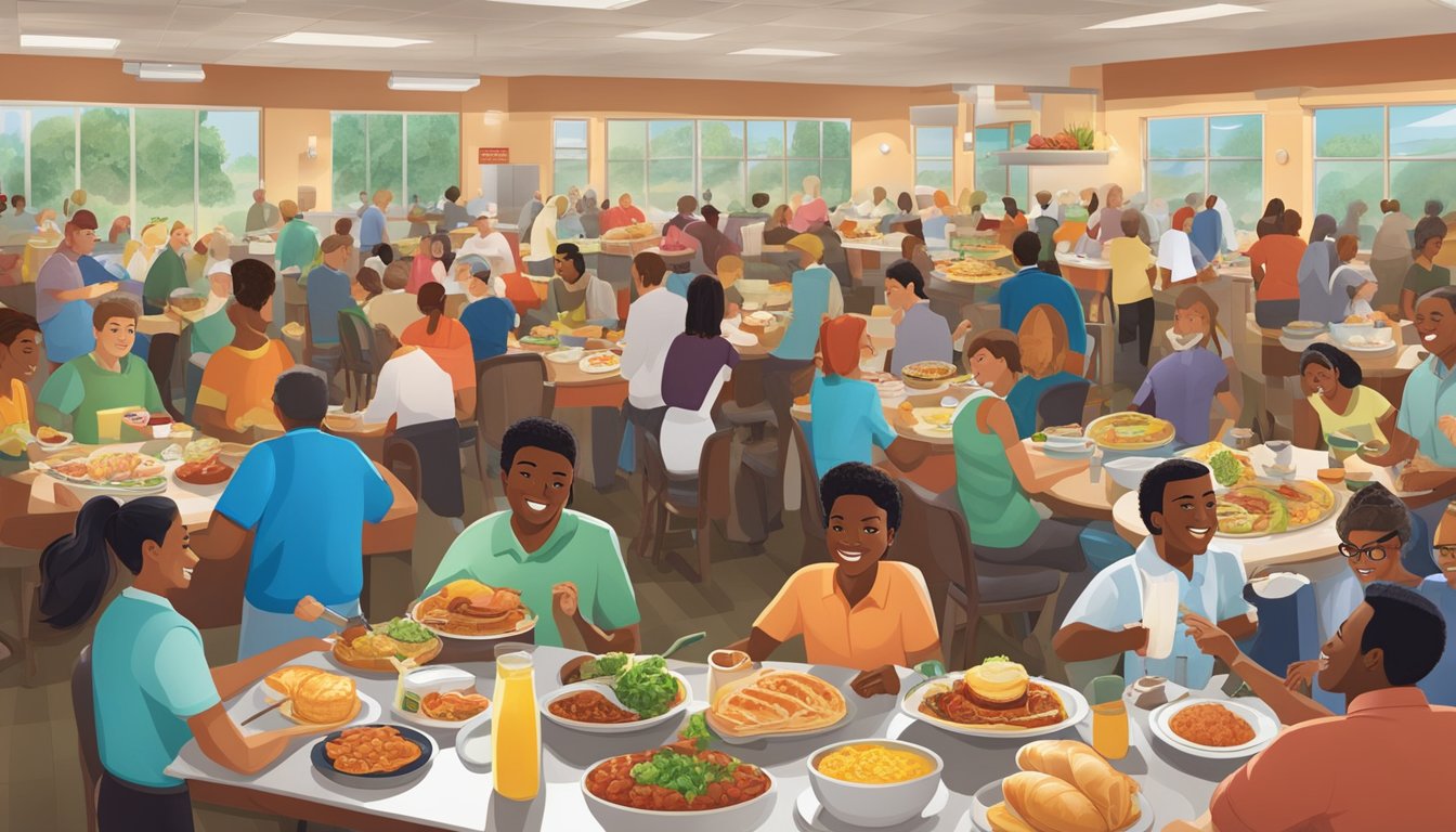 A bustling breakfast buffet at Golden Corral, with a diverse array of international dishes and people enjoying their meals