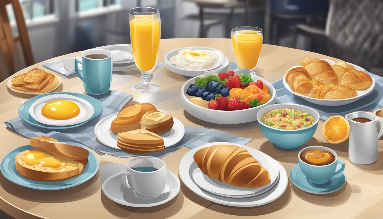 A table set with breakfast items and dinnerware, with a variety of beverage options displayed in the background