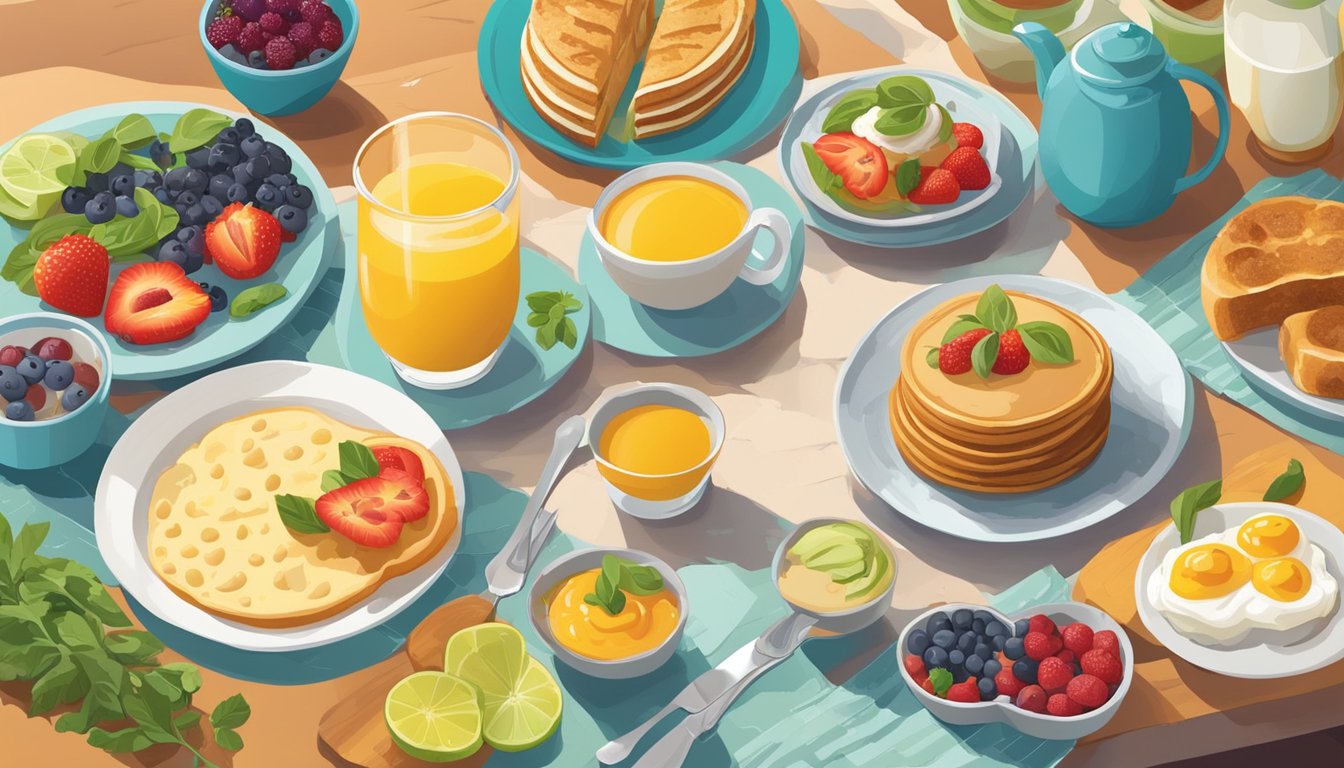 A colorful spread of breakfast items, including gluten-free, dairy-free, and vegan options, displayed on a vibrant table with fresh ingredients and a welcoming atmosphere