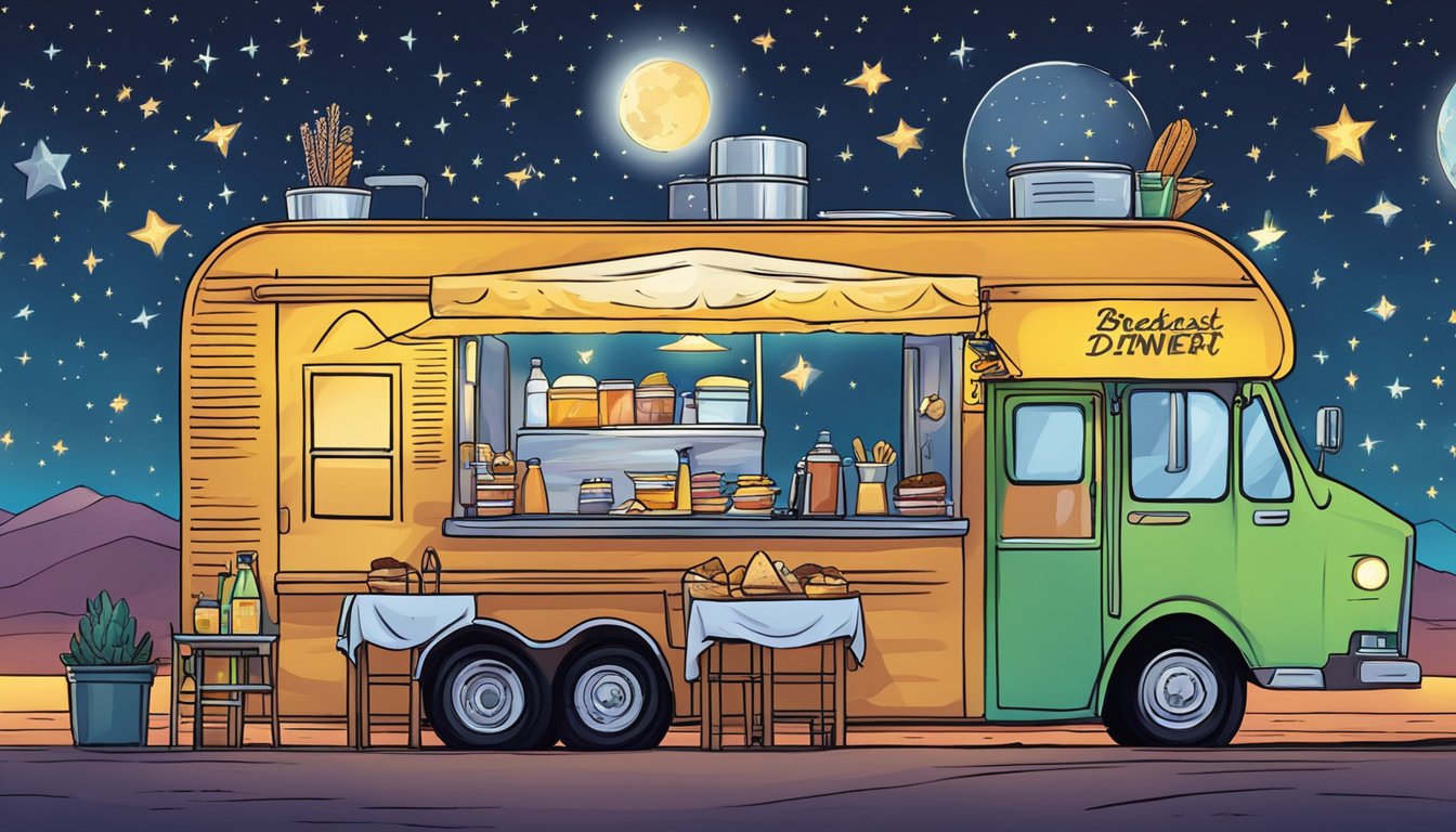 A colorful taco truck serving breakfast items under a starry night sky, with a large sign promoting "Breakfast for Dinner" deals