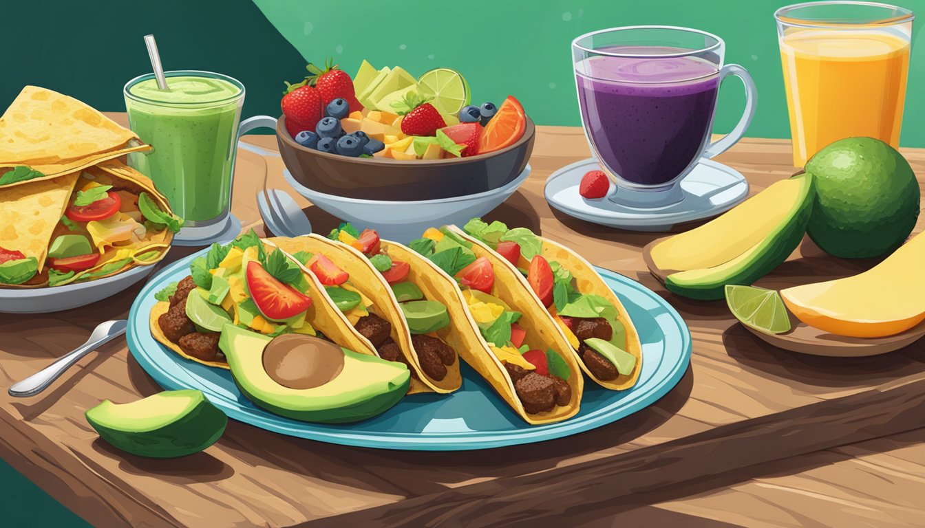 A colorful spread of breakfast tacos, fresh fruit, and avocado slices on a rustic wooden table. A steaming cup of coffee sits next to a vibrant green smoothie