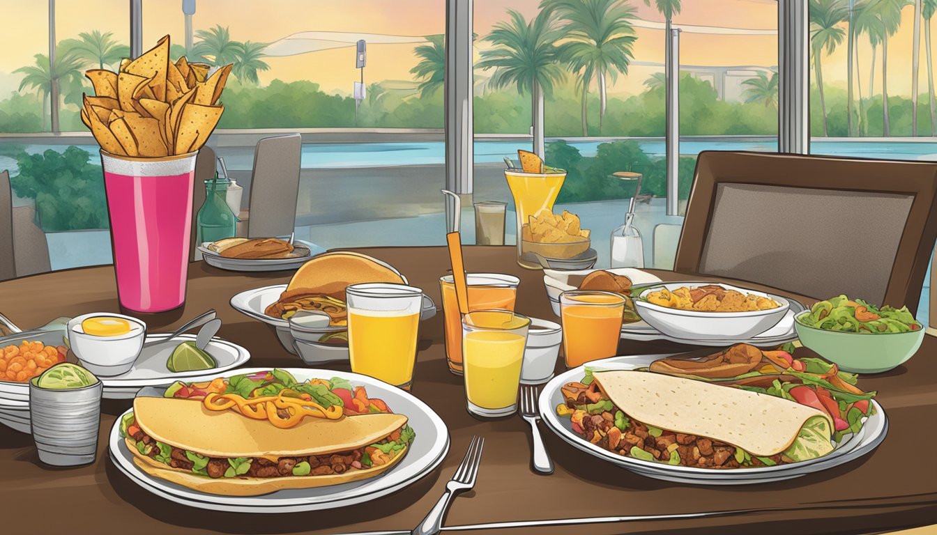 A table set with breakfast items at dinnertime, with a Taco Cabana logo visible