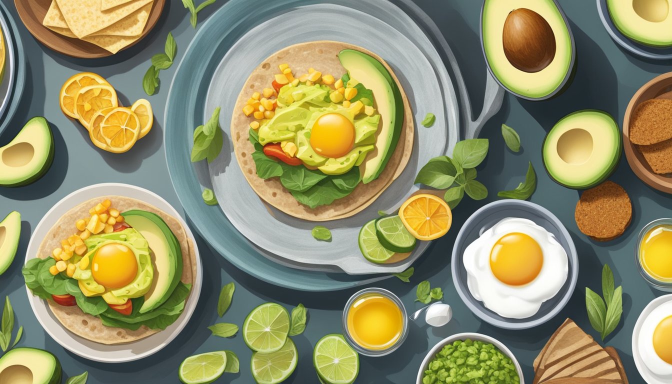 A colorful breakfast spread with a variety of fresh and healthy options, including avocado, eggs, and whole grain tortillas, displayed on a modern, clean table setting