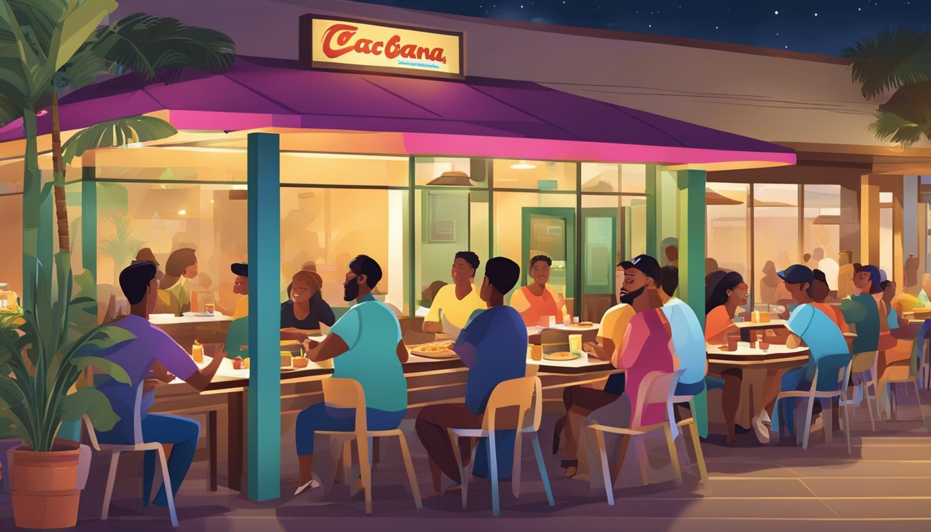 A bustling Taco Cabana restaurant at night, with customers enjoying breakfast items. A diverse group of people dining and chatting, with a warm and welcoming atmosphere