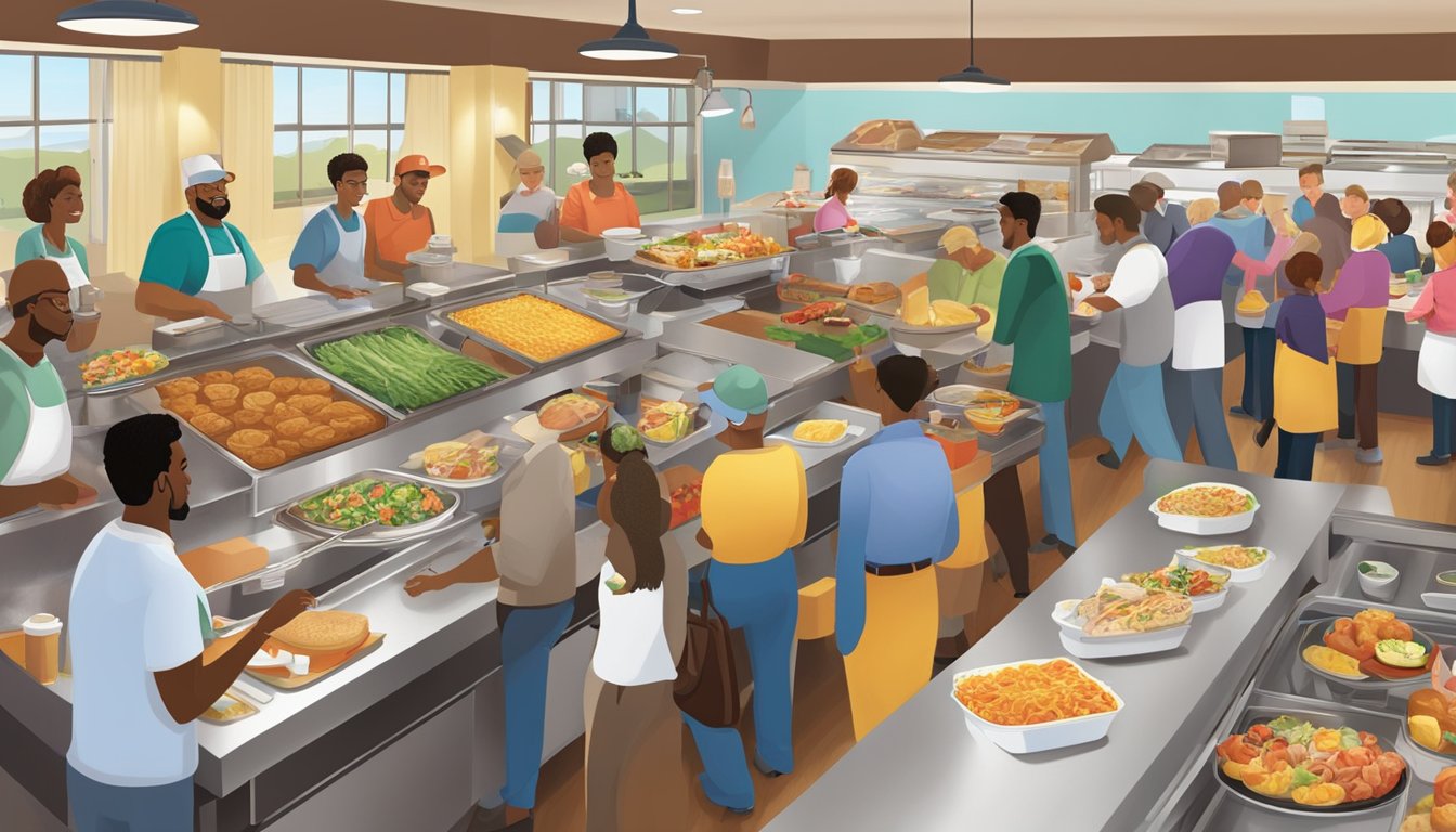 A bustling breakfast buffet at Golden Corral, with a variety of food stations, patrons enjoying their meals, and staff replenishing the spread