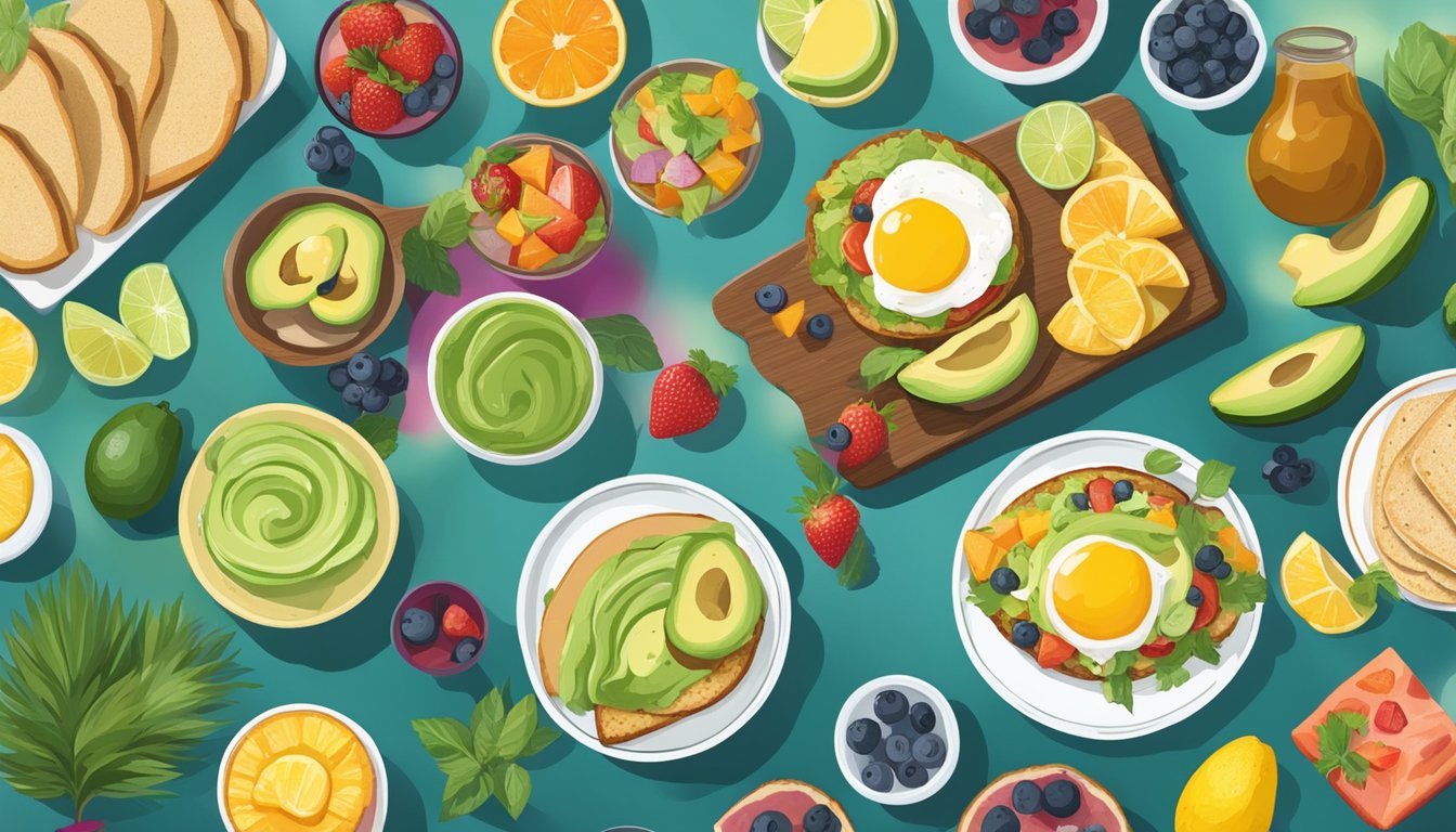 A colorful breakfast spread with a variety of fresh, healthy options, including avocado toast, fruit bowls, and plant-based breakfast tacos