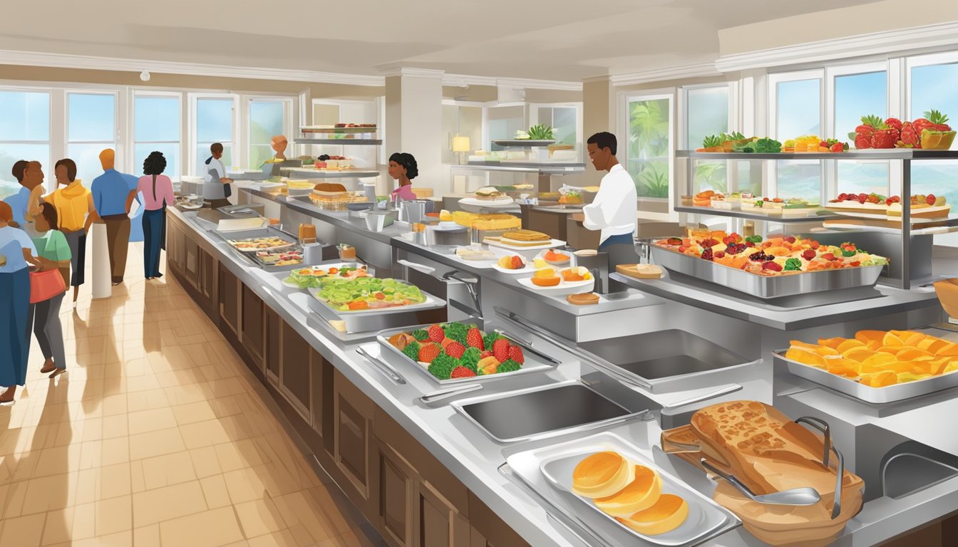 A bustling breakfast buffet with a variety of food stations, including fresh fruit, hot dishes, and baked goods. The scene is bright and inviting, with customers serving themselves and enjoying their meals