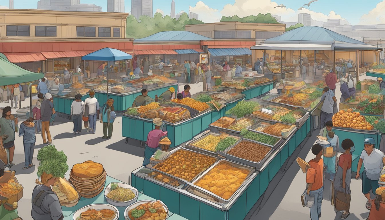 Golden Corral's breakfast buffet surrounded by bustling market, with vendors selling produce and goods. Waste bins overflowing with food scraps, while air pollution from nearby factories looms overhead