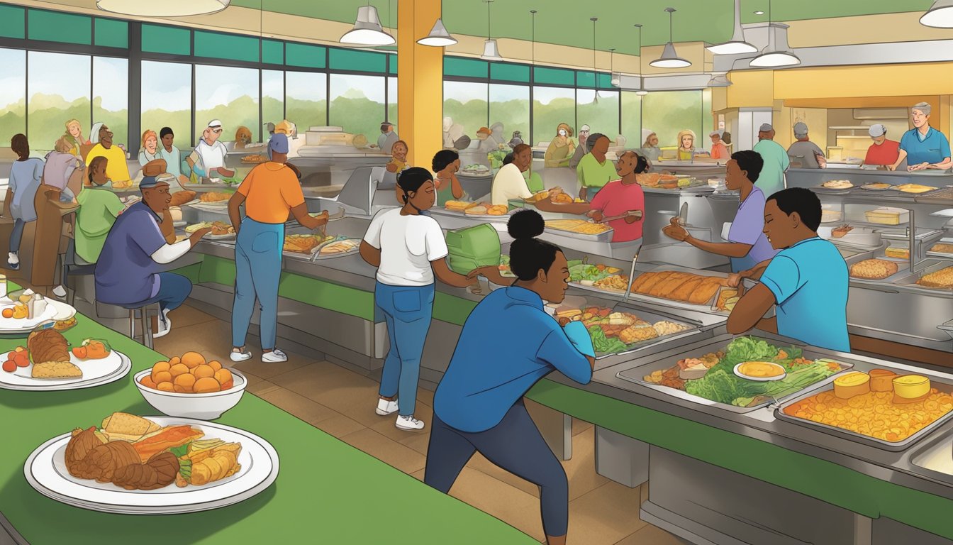 A bustling breakfast buffet at Golden Corral, with patrons of diverse ages and backgrounds enjoying a variety of food options. The scene is set against a backdrop of eco-friendly practices, such as composting and energy-efficient lighting