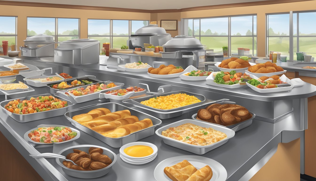 A bustling breakfast buffet at Golden Corral, with a variety of food stations, reusable plates and utensils, and recycling bins for guests to dispose of their waste