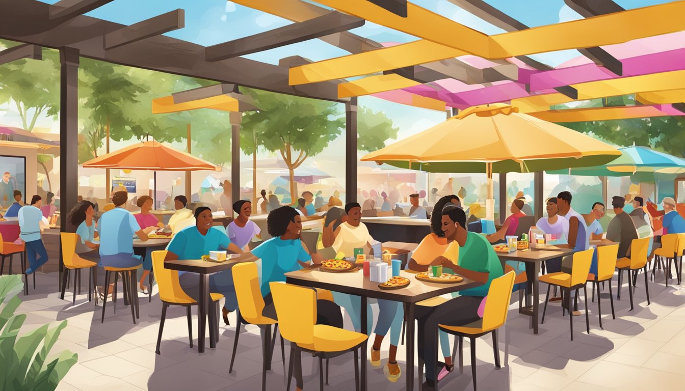 A bustling Taco Cabana restaurant with a colorful outdoor patio, featuring a variety of breakfast menu items being served to happy customers