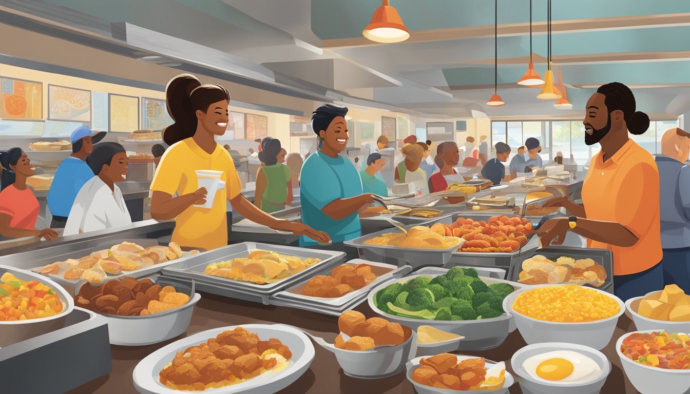 The bustling breakfast buffet at Golden Corral, with a diverse array of food options and bustling activity, surrounded by a mix of customers from different cultural backgrounds