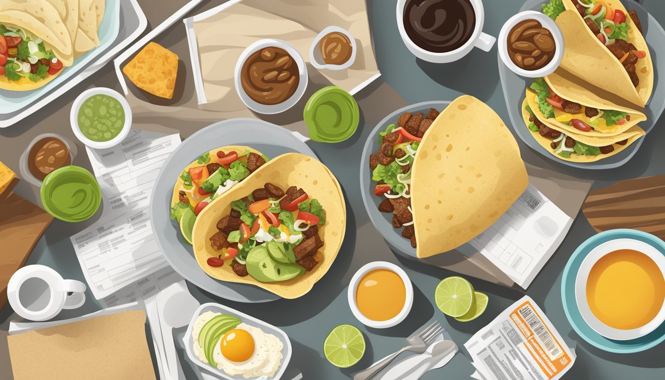 A table set with breakfast items such as tacos, burritos, and coffee, alongside a chart displaying nutritional information and pricing