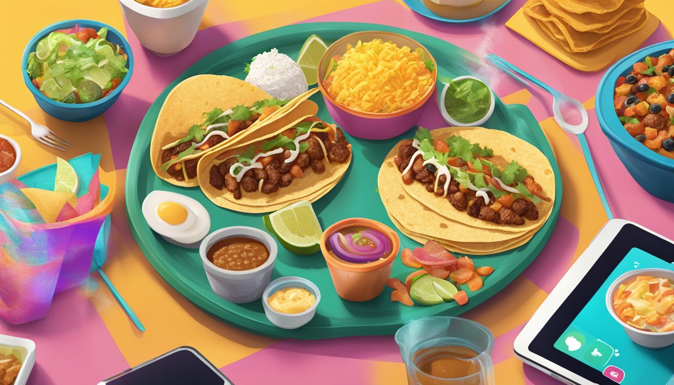 A colorful breakfast spread at Taco Cabana, with steaming hot tacos and a vibrant social media feed displayed on a smartphone