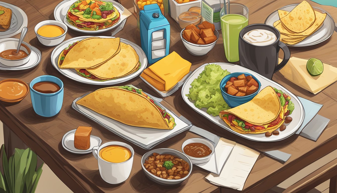 A colorful spread of breakfast items on a table, including tacos, burritos, and coffee, with a price tag and a value comparison chart nearby