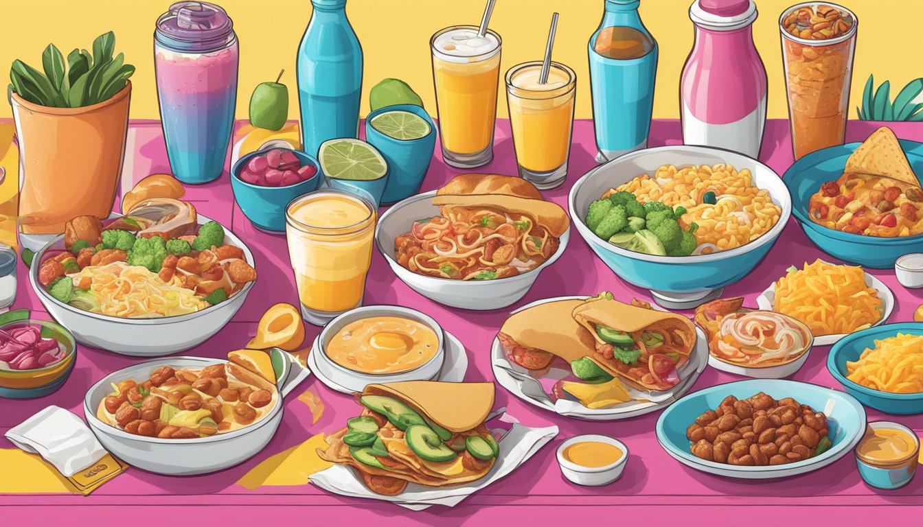 A colorful breakfast spread at Taco Cabana with social media icons and symbols surrounding it