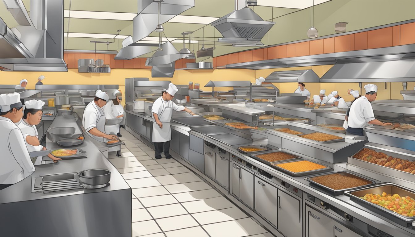 The bustling kitchen of Golden Corral, with chefs managing overflowing food stations while others diligently clean and maintain equipment