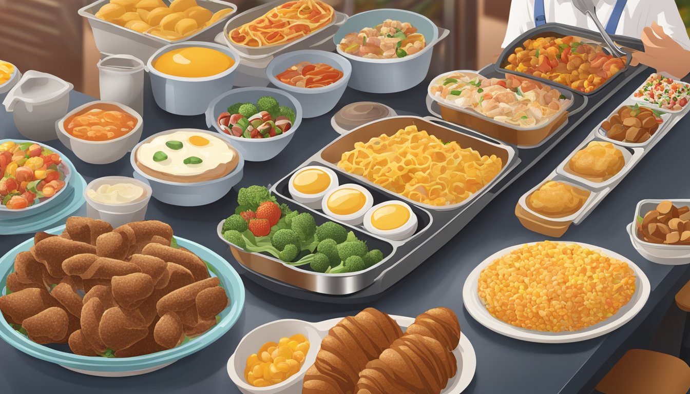 A bustling breakfast buffet at Golden Corral, with overflowing trays of food, bustling servers, and a diverse array of customers enjoying their meals