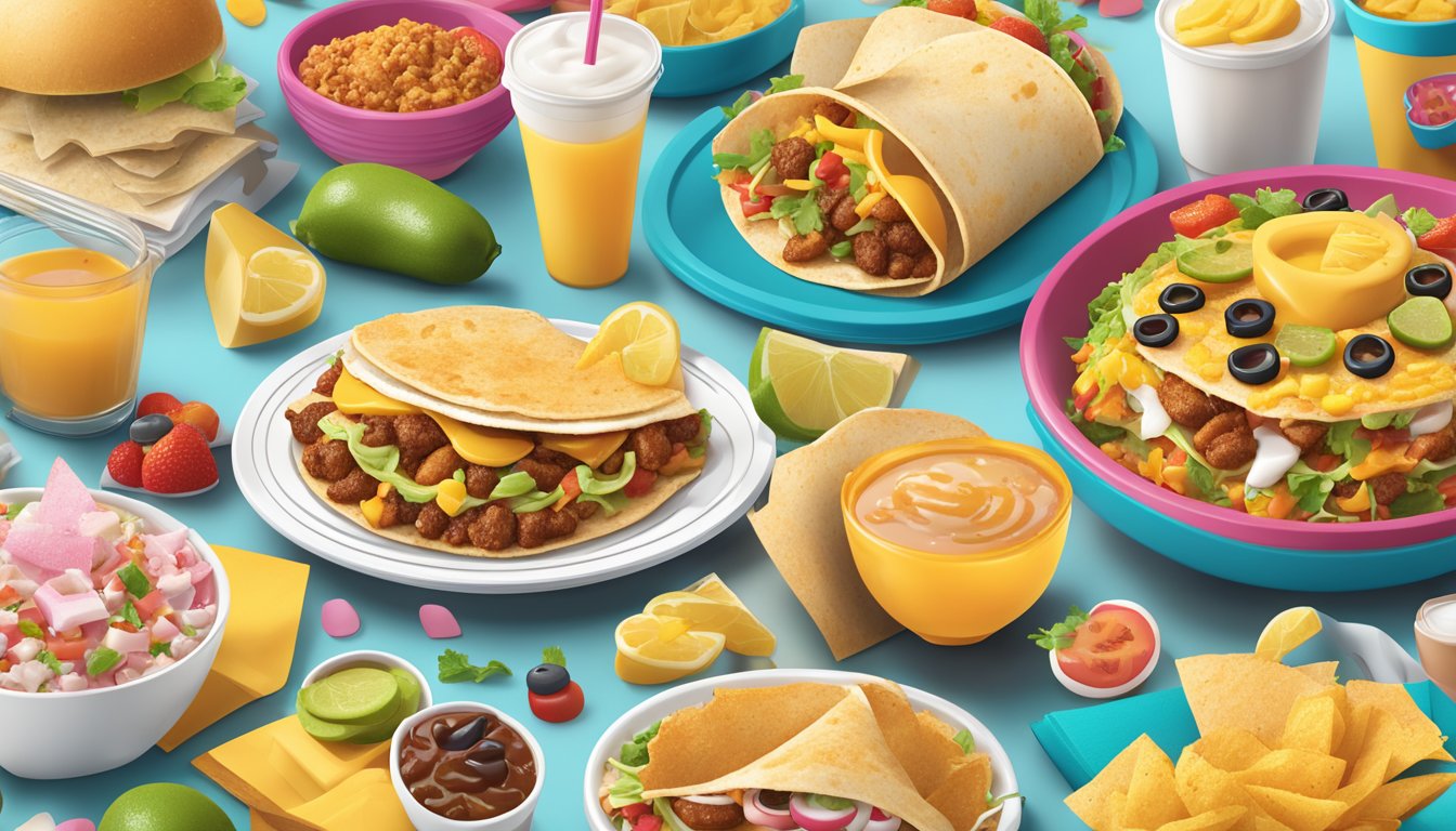 A colorful social media graphic featuring Taco Cabana's breakfast items, surrounded by engaging emojis and shareable hashtags