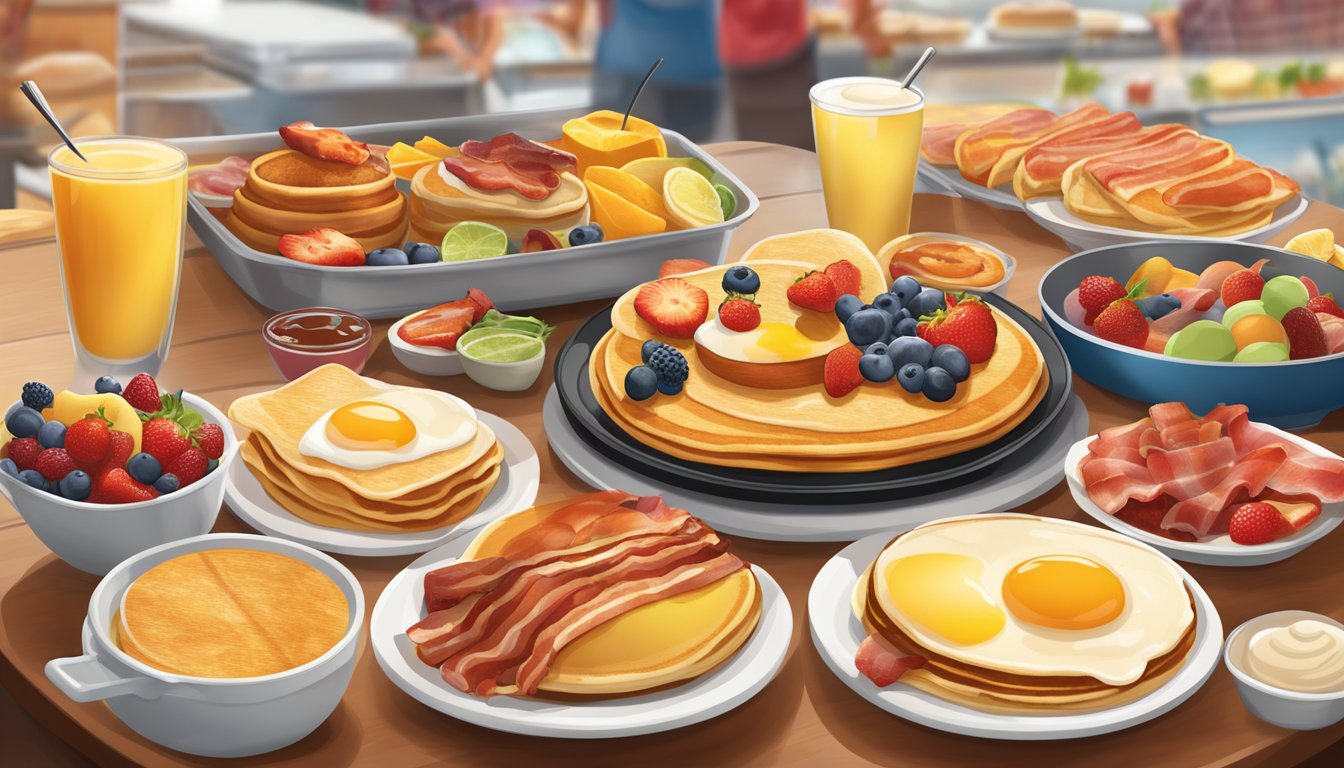 A colorful array of fresh fruits, fluffy pancakes, sizzling bacon, and steaming eggs on a bustling breakfast buffet at Golden Corral