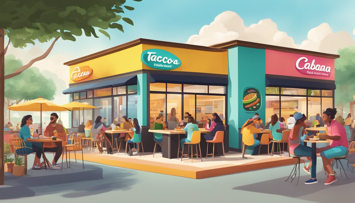 A bustling Taco Cabana storefront with people enjoying breakfast and engaging with social media on their phones. Outdoor seating and colorful branding