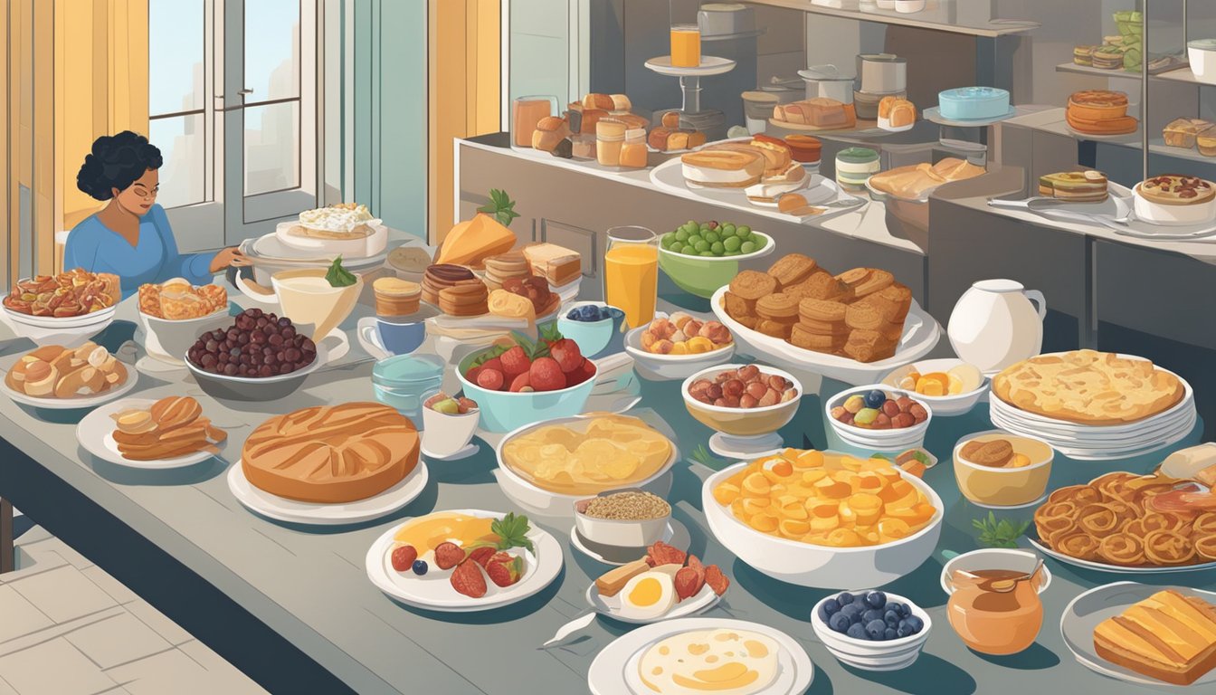 A spread of breakfast foods on a buffet table, including eggs, bacon, fruit, cereal, and pastries. A dietitian examines the offerings with a critical eye