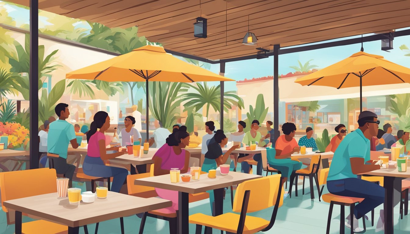 A bustling breakfast scene at Taco Cabana, with customers enjoying their meals and engaging with the brand on social media. Outdoor patio with colorful decor and signage