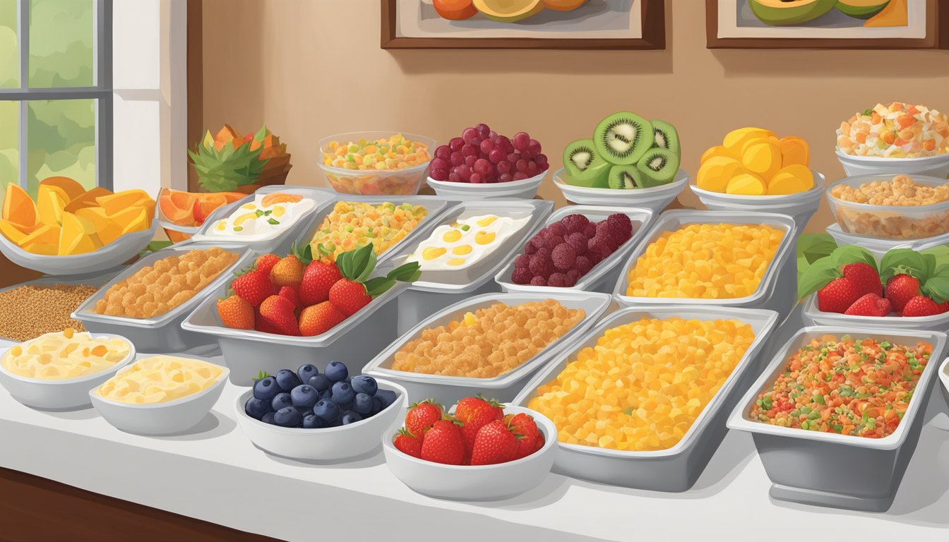 A colorful array of fresh fruits, whole grain cereals, yogurt parfaits, and egg white omelets displayed on a buffet table at Golden Corral