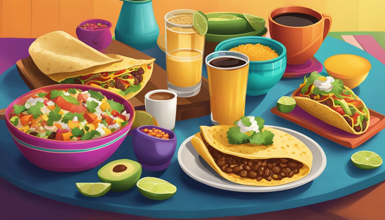 A colorful spread of traditional and innovative breakfast items, including tacos, burritos, and freshly brewed coffee, set against a backdrop of vibrant Mexican-inspired decor