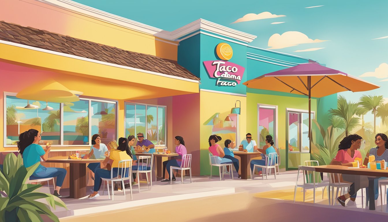 Customers enjoying breakfast tacos at Taco Cabana, with colorful decor and a lively atmosphere