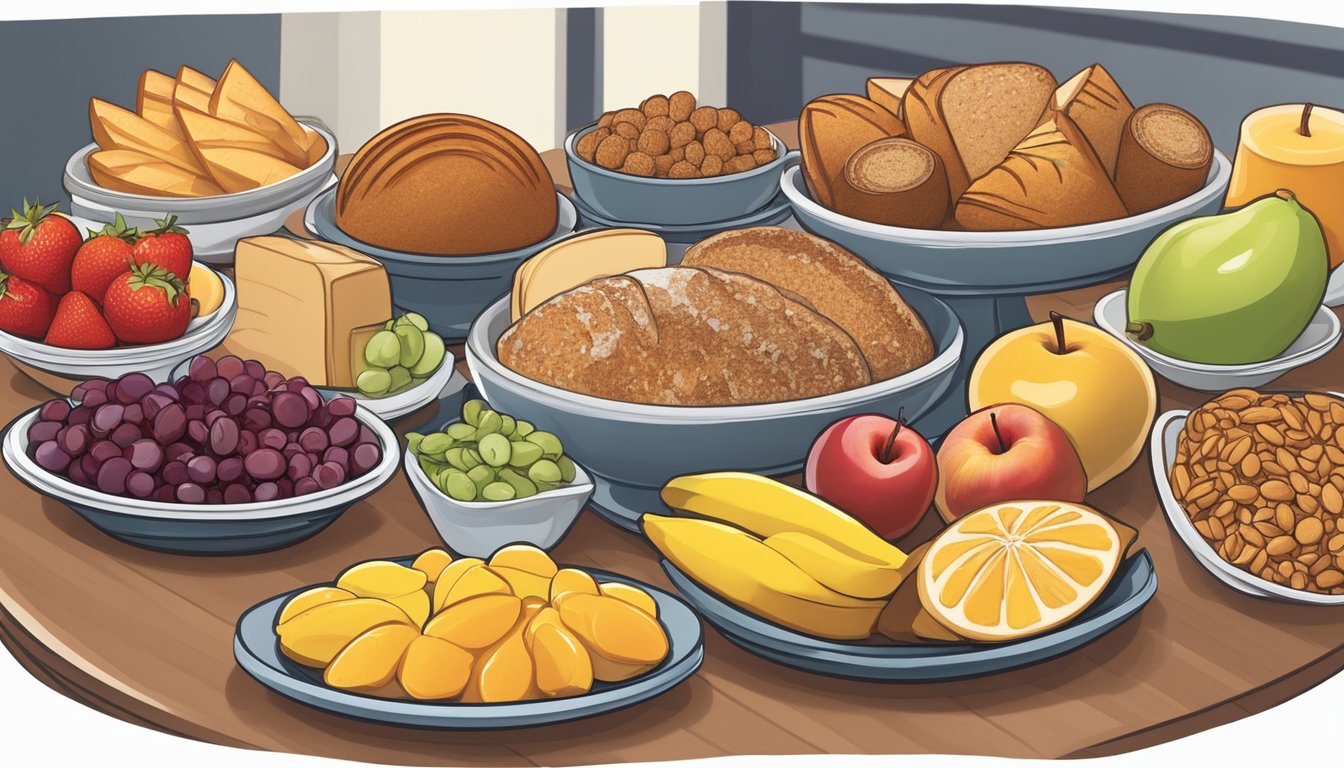 A colorful array of fresh fruits, whole grain breads, and lean protein options displayed on a well-organized breakfast buffet at Golden Corral