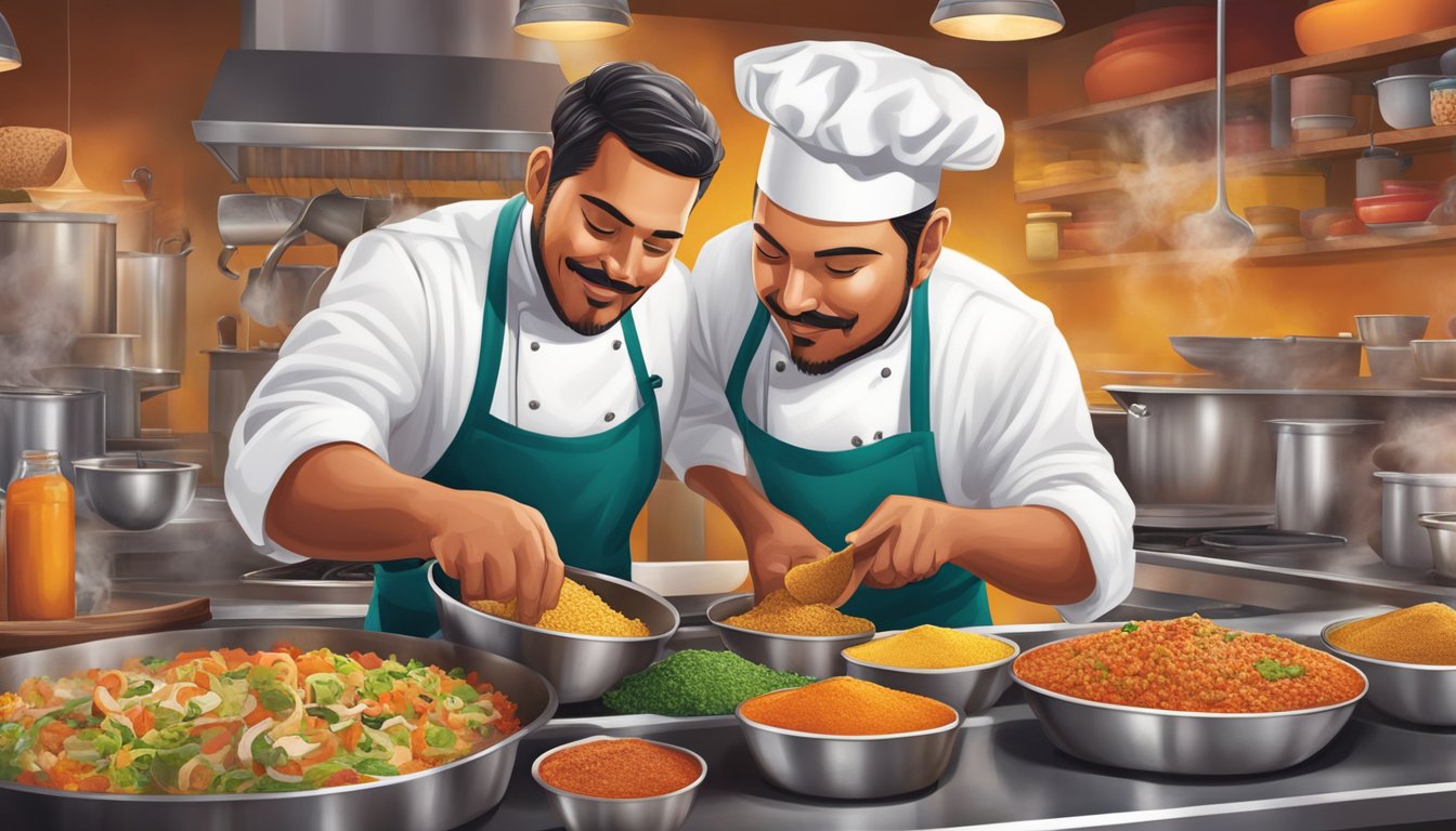 A chef blending traditional Mexican ingredients with modern flavors in a bustling kitchen at Taco Cabana, surrounded by sizzling griddles and colorful spices