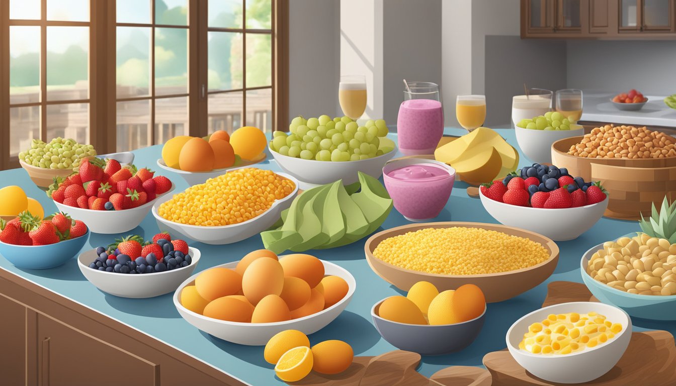 A colorful spread of fresh fruits, whole grain cereals, and protein-rich options like eggs and yogurt, displayed on a buffet table