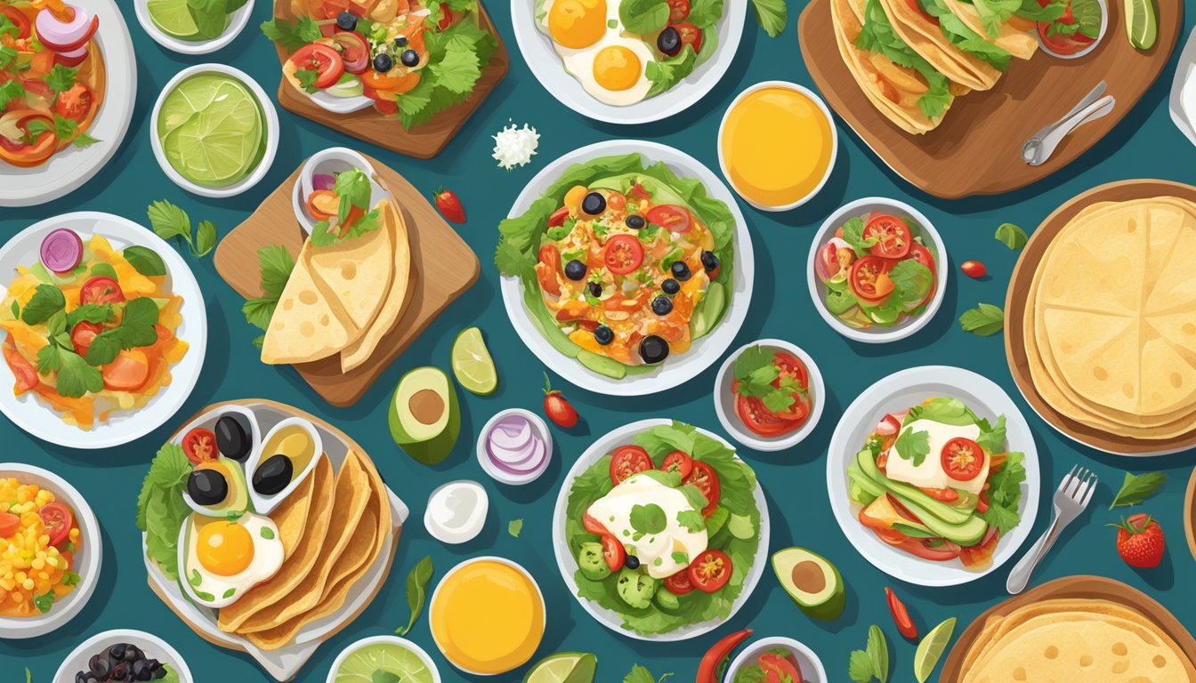 A colorful array of breakfast and lunch/dinner items displayed on a table, including traditional and innovative Mexican dishes, with a mix of vibrant ingredients and garnishes