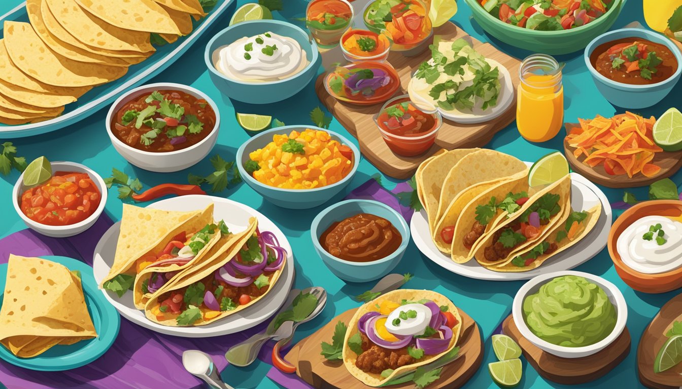 A colorful spread of breakfast tacos, salsas, and fresh ingredients arranged on a vibrant table setting, with a mix of traditional and innovative flavors